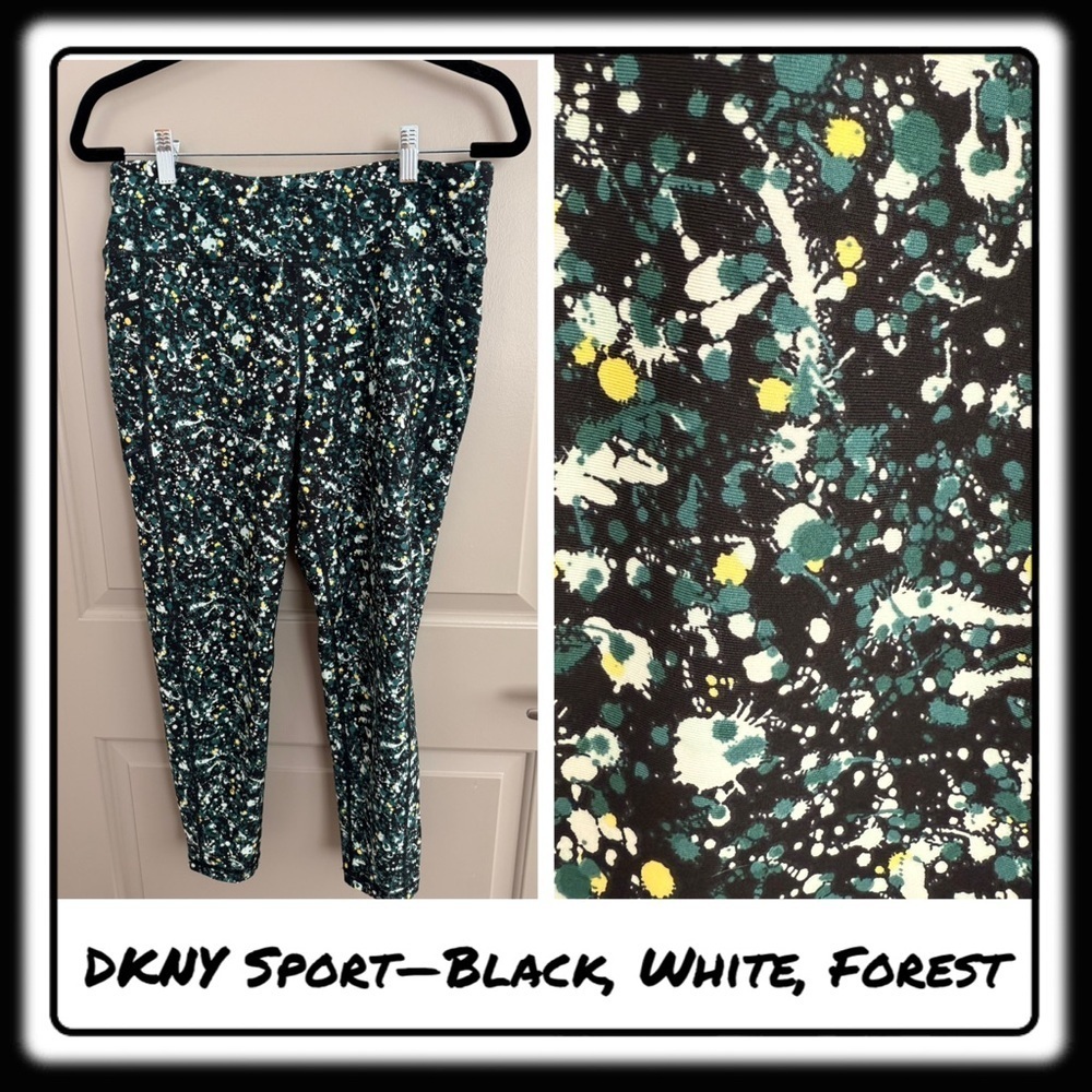 DKNY Sport High Waisted leggings. Black, white, forest. Size XL. Capri (23-25”$